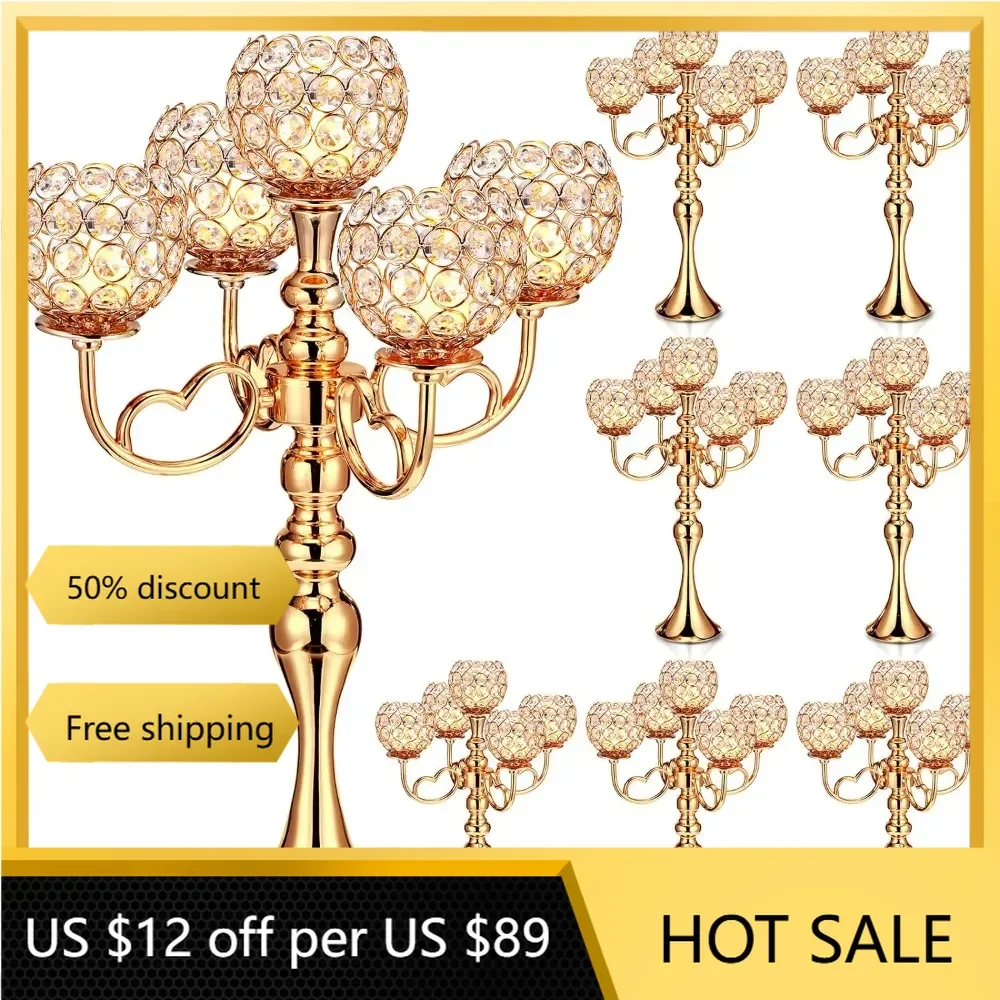 5 Arm Gold Crystal Candle Holders, Tall Candelabra, Centerpiece with Crystal Candle Holder Bowl, 21.5 in, 8 PCs
