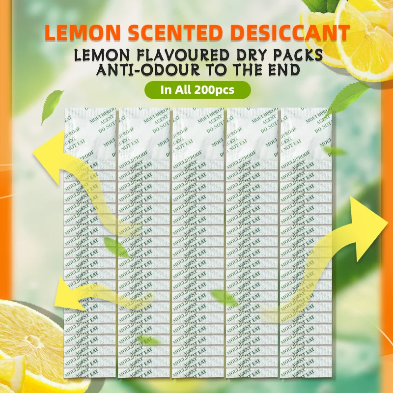 200pcs Lemon Silica Gel Desiccant, Deshumidificador Scented Dry Moisture-proof Deodorant Sachet for Home, Shoes, Bags, Clothing