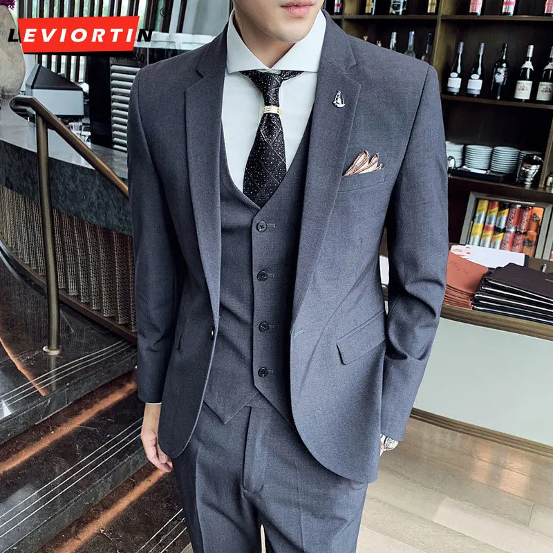 

Business Men's Groomsmen Blazers Trousers Groom Wedding Dress Banquet Solid Color Slim Fit Suit Set 3 Pcs Jacket Coat Vest Pants