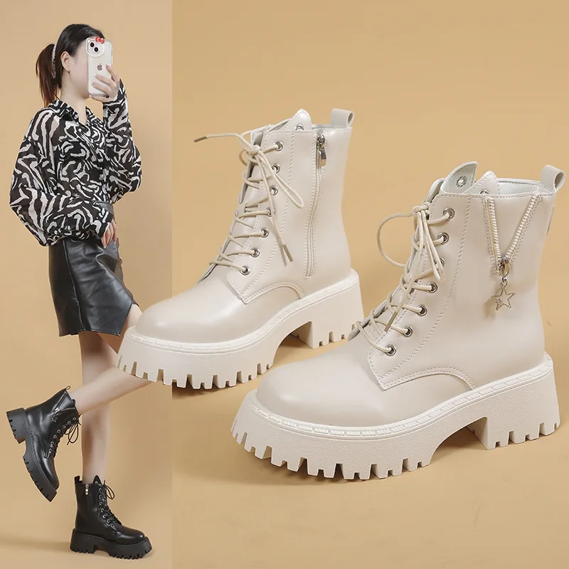Chunky Platform Gothic Boots Women Punk Style Chain Thick Sole Ankle Booties Woman Lace Up Pu Leather Combat Boots 42