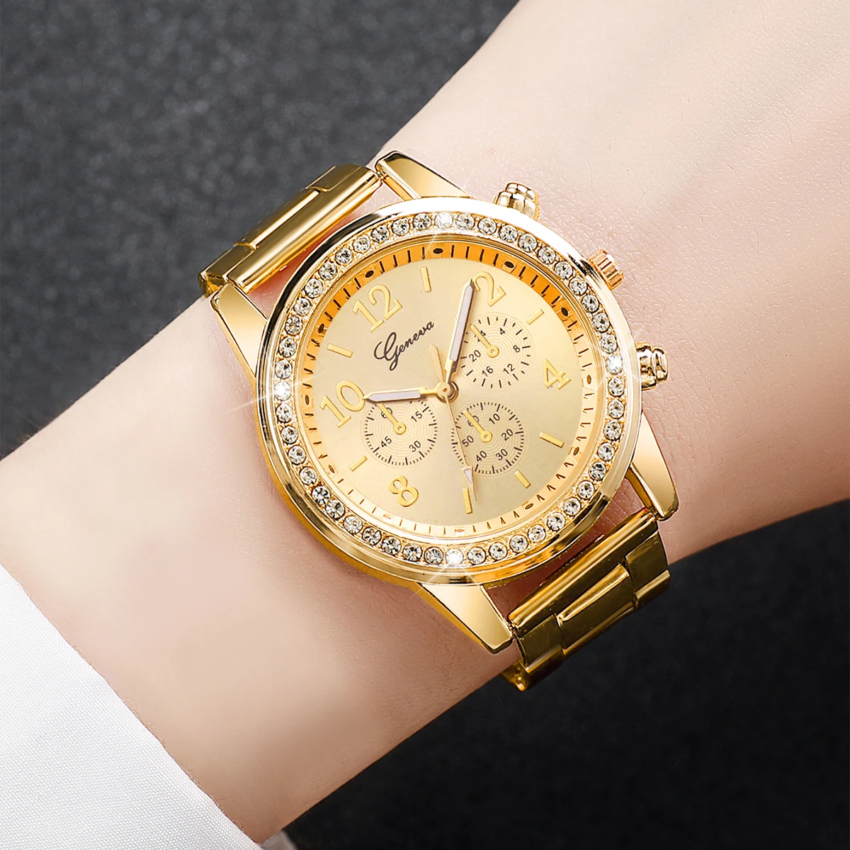 Leisure Women's Watch Three Eyes Stainless Steel Strap Fashion Women's Quartz Watch Gold Silver 2PCs Watch Set 2