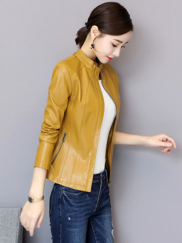 New Women Leather Jacket Autumn Winter Simple Fashion Thick Stand Collar Solid Color Short Sheepskin Coat Slim Outerwear Female