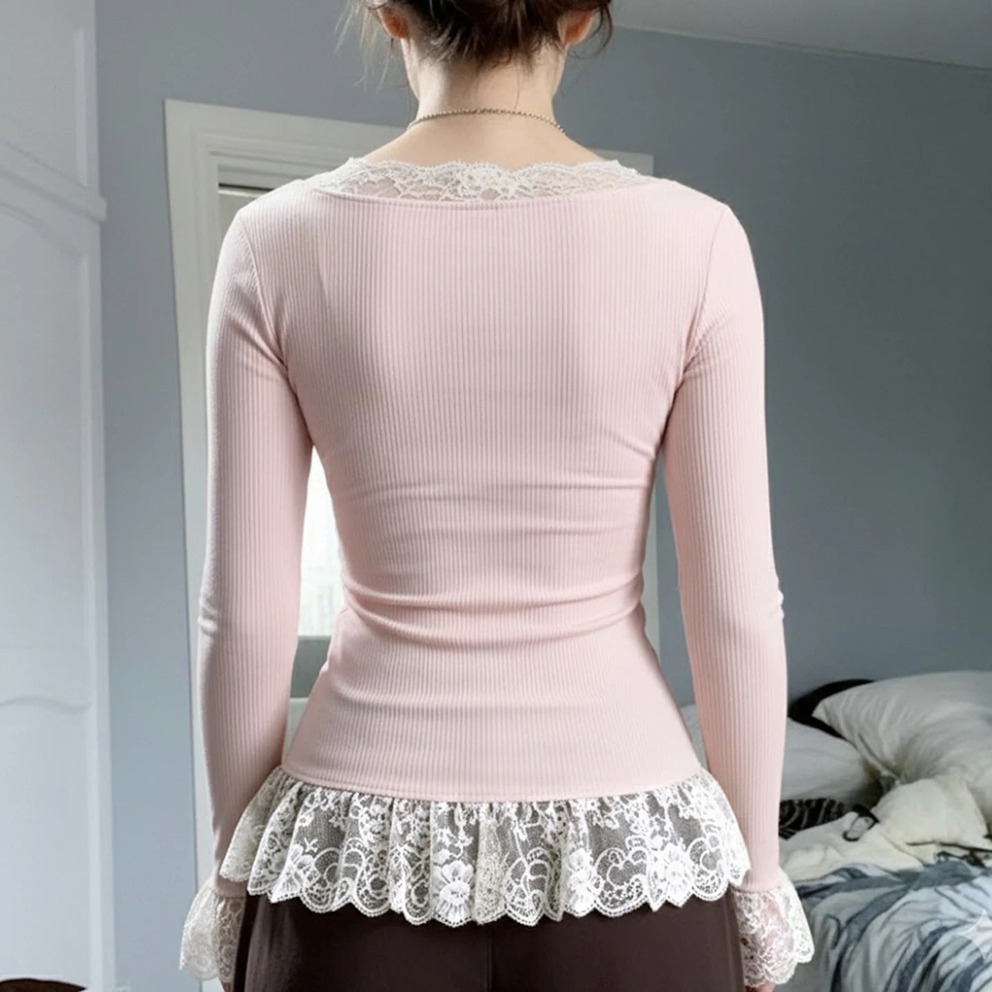 Sweet Patchwork Lace Trim Bow T-Shirt Casual Slim V-Neck Long Sleeve Tees Women 2025 Autumn Spring Fashion Streetwear Ladies 2