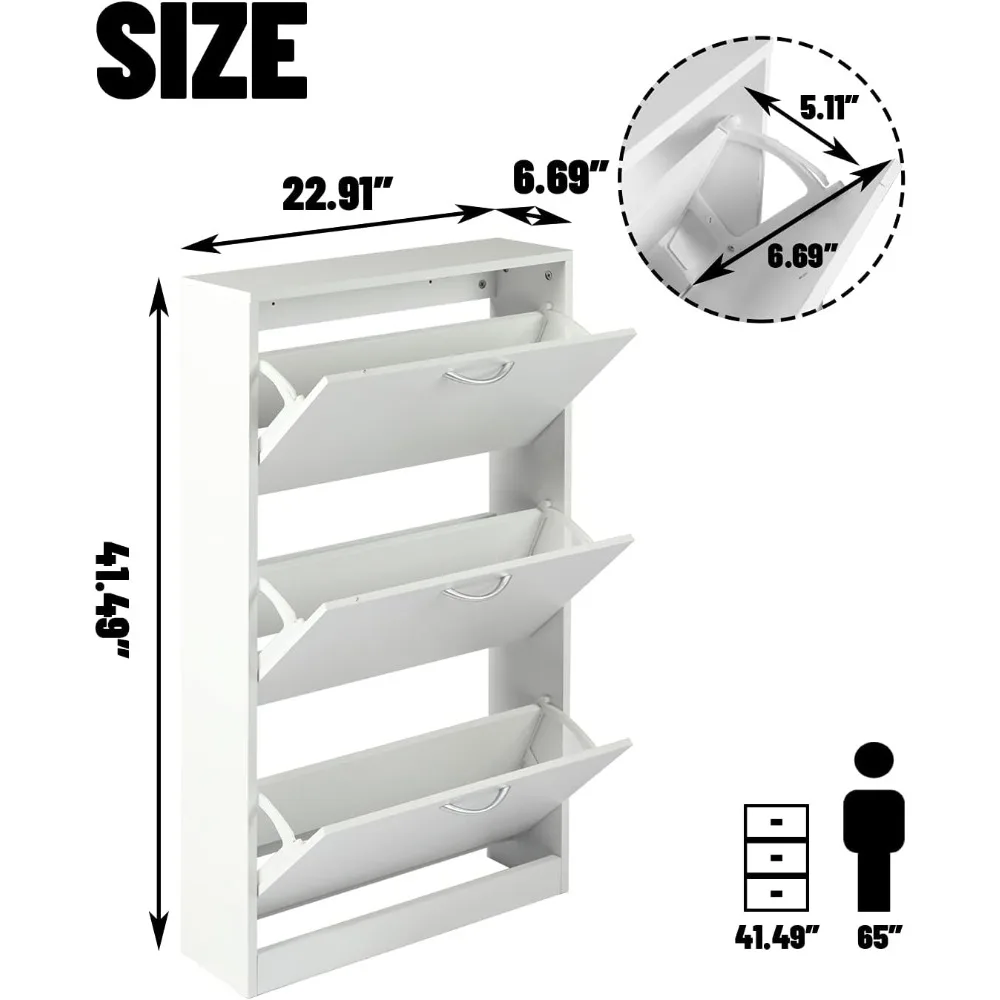 Shoe Cabinet for Entryway, White Narrow Storage Cabinet Flip Down Shoe Rack Wood 3 Tier Organizer