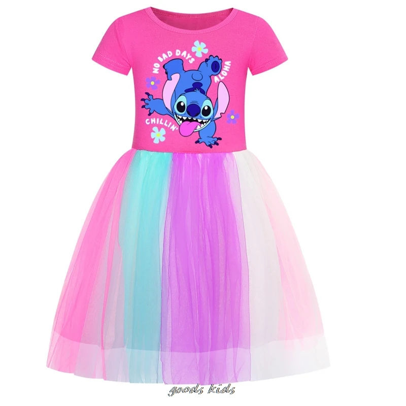 Vestido de malha arco-íris Lilo e Stitch para bebês, roupas infantis de manga curta, fantasia de princesa, vestido de verão fofo infantil