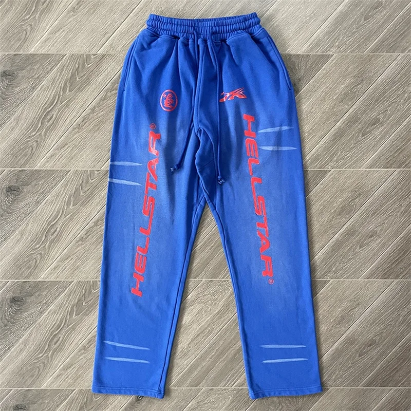 

24ss Hellstar Sports Gel Blue Hoodie Pants Men Women 1:1 Best Quality Oversized Pants Blue Tracksuit Set