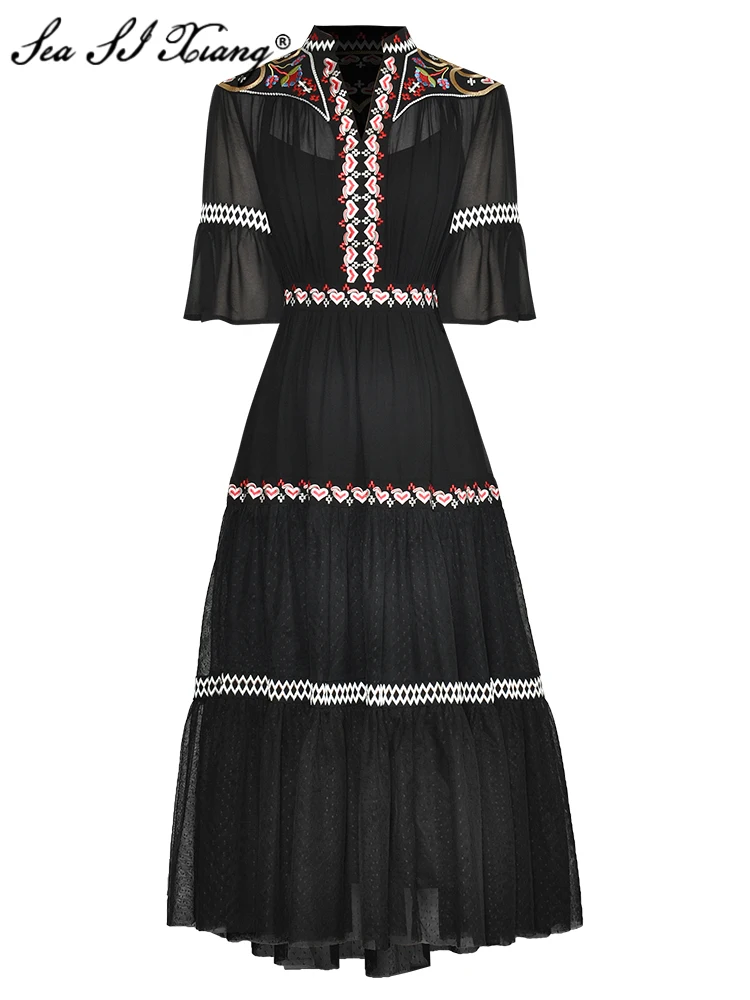 

Seasixiang Fashion Designer Spring Summer Women Dress V-Neck Flare Sleeve Embroidery Mesh Patchwork Vintage Midi Dresses