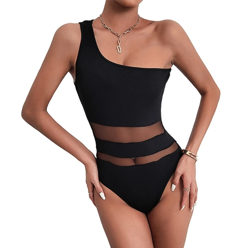 

Solid Color Thong Sleeveless Bodycon Bodysuit One Shoulder Romper Top for Women