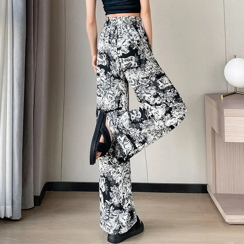 Women's Autumn Korean New High Waist Chiffon Wide Legged Pants Fashion Retro Print Pockets Casual Versatile Floor Dragging Pants