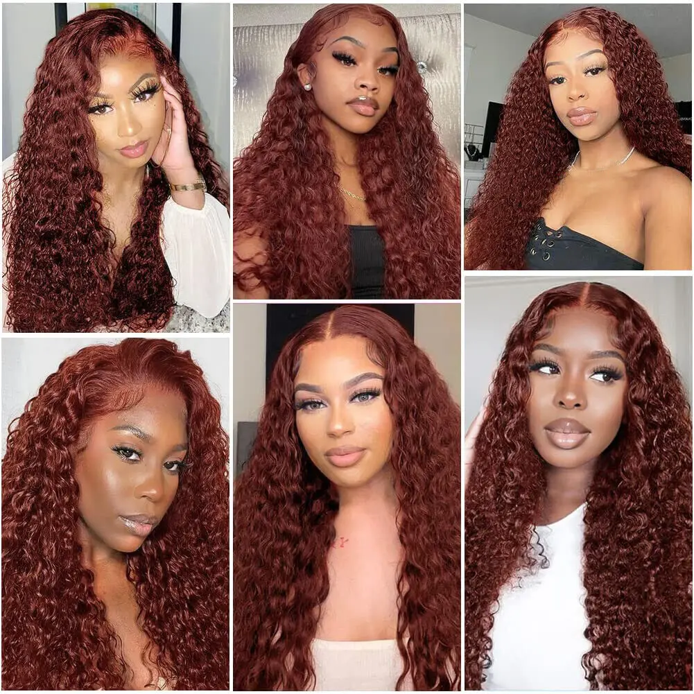 Reddish Brown Deep Curly Lace Frontal Wigs 13x4 13x6 Lace Frontal Human Hair Wigs Deep Wave Fall Colored Human Hair Lace Wigs 5