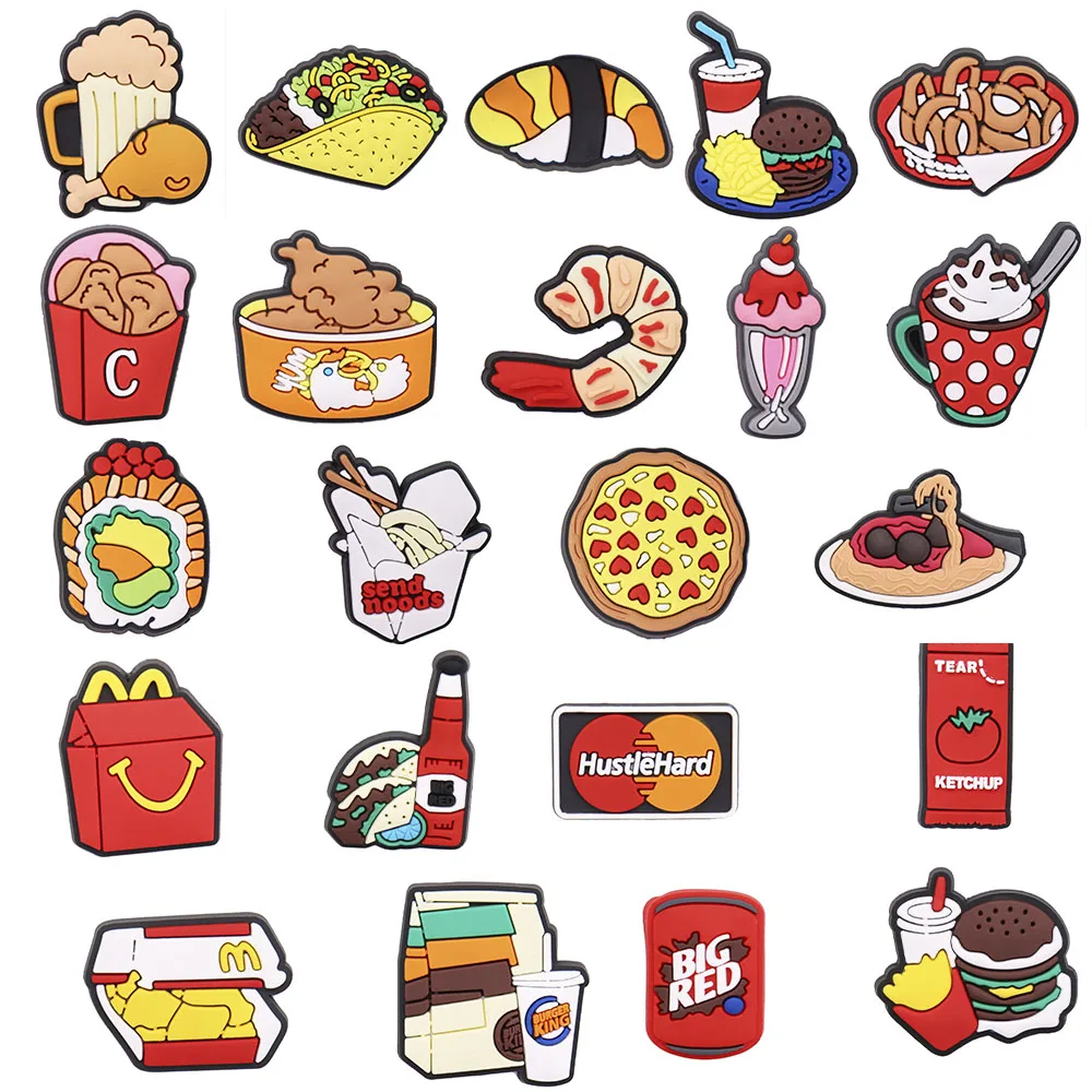 

1pcs PVC Food Fried Chicken Beer Sushi Burgers Pizza Shrimp Croc Jibz Fit Wristbands Hole Slipper Decoration Shoe Accessories