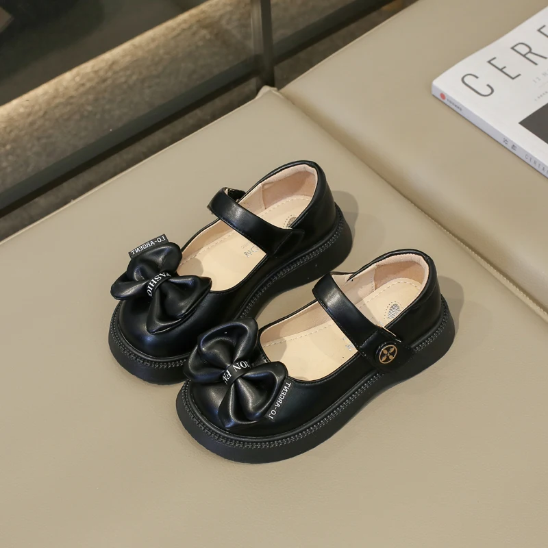 Kids Leather Shoes for Girls Round-toe Bow Hook & Loop Spring and Summer Thick Bottom Soft Princess Shoes Simple Non-slip