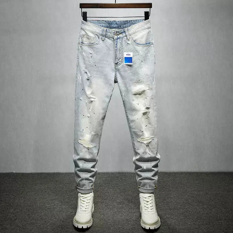 

Street Fashion Men Jeans Retro Light Blue Stretch Slim Fit Ripped Jeans Men Painted Designer Hip Hop Vintage Denim Pants Hombre