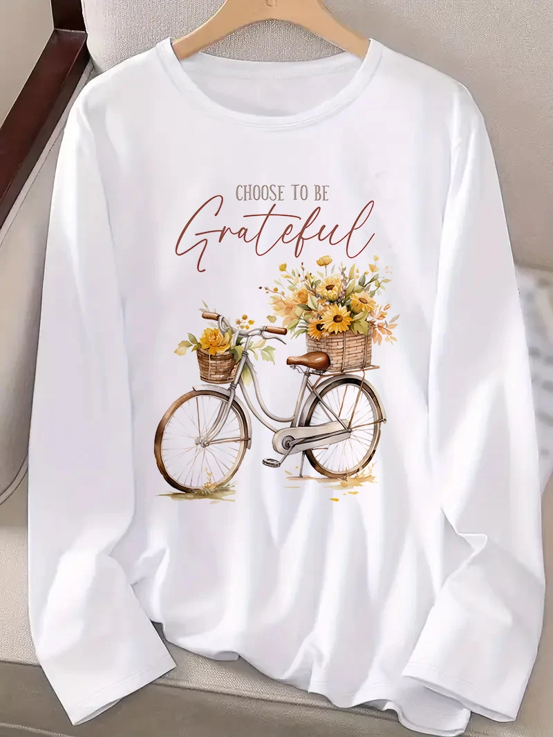 Vintage-Inspired Choose to Be Grateful Bicycle Graphic Women's Long Sleeve Crew Neck Tee
