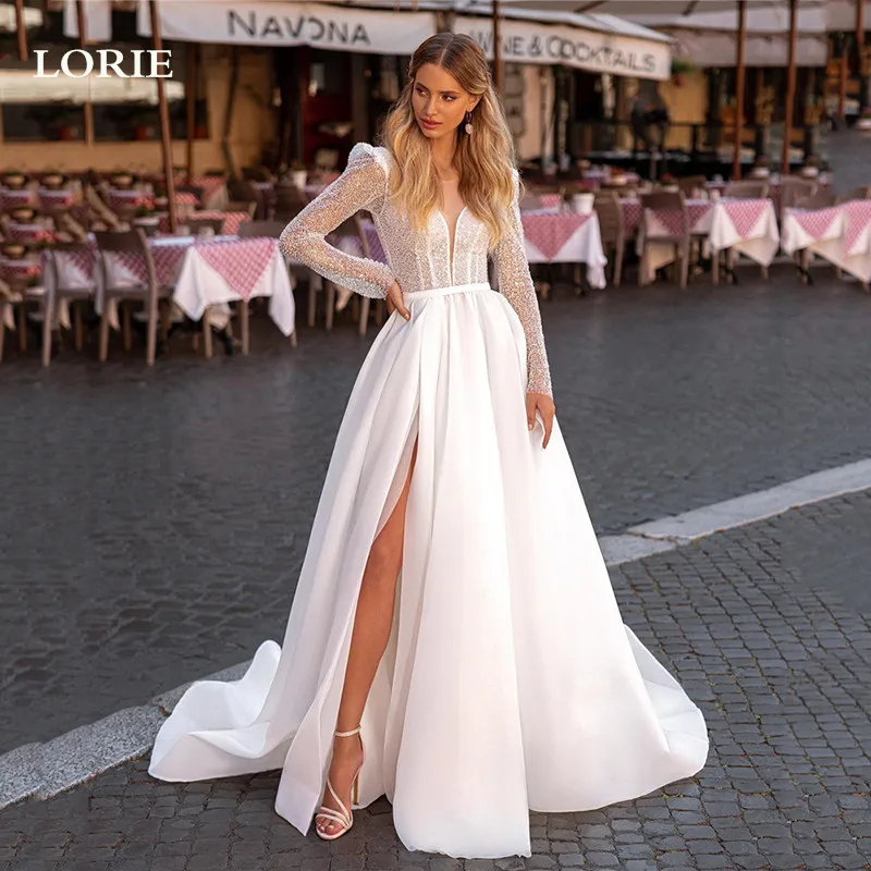 

LORIE Shiny Squins A Line Wedding Dresses Long Sleeve Bride Long Sleeve Bride Dress Organ Side Split Boho Wedding Gowns 2023