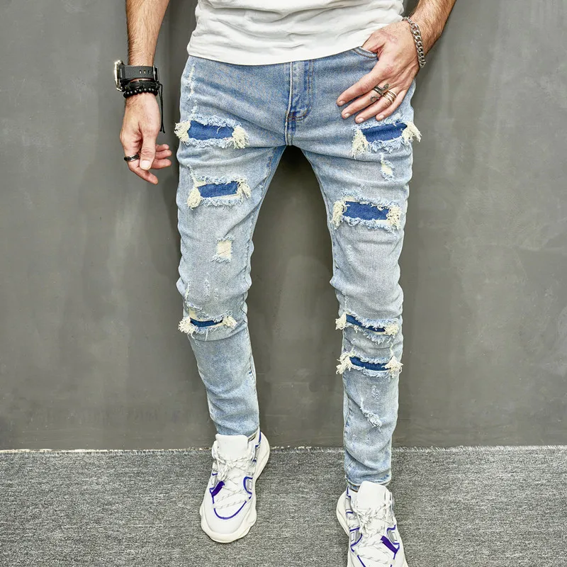Fashion Blue Male's Bottoms Ripped Patches Skinny Destroyed Holes Pants  Jeans For Men - AliExpress