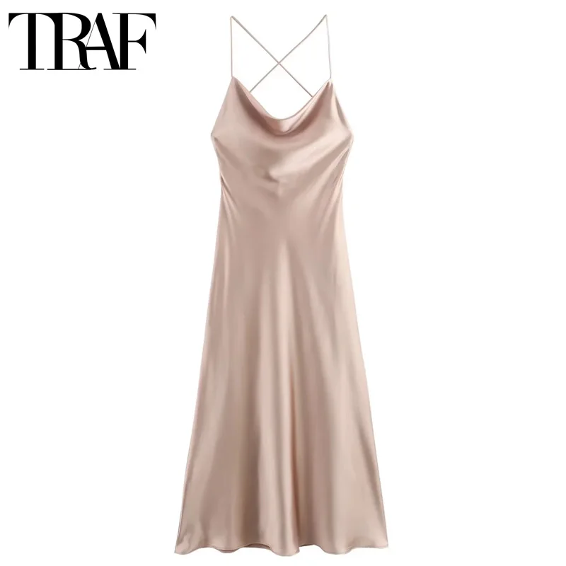 

TRAF Slip Satin Long Dresses Women Sleeveless Halter Midi Dress Ruched Cross Backless Sexy Dresses Summer Party Dresses Woman