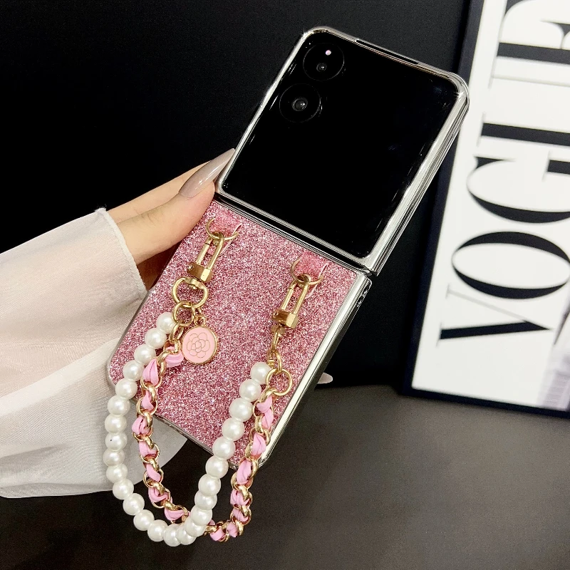 Electroplated Glitter Case with Pearl Bracelet - Solid Color Shockproof Cover