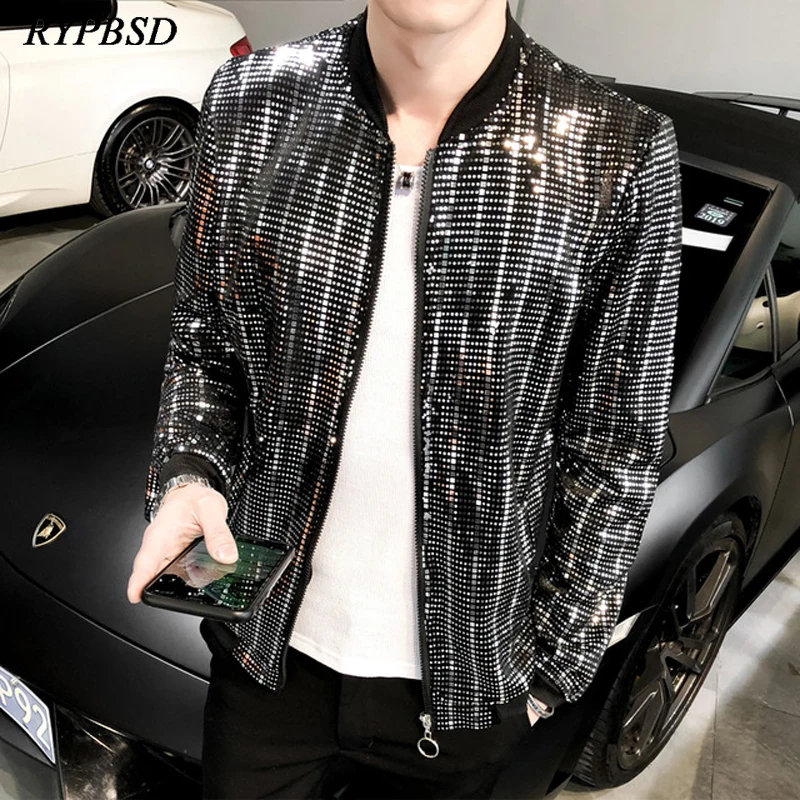 Harajuku Bomber Jacket Men 2023 Fashion Shiny Sequin Nightclub Stage Costume Slim Fit Long Sleeve Cool Hip Hop Streetwear Jacket