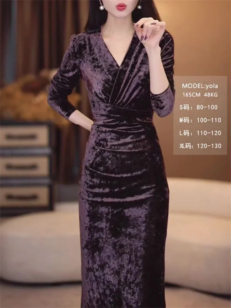 Spring Autumn Velvet Lace-up Temperament Middle-aged Mother Dress Wedding Banquet Slightly Plump Slim Happy Mother-in-law Dress