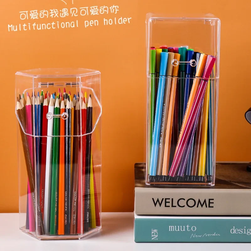 아크릴 펜꽂이 메이크업 브러쉬 홀더, 연필 정리함 투명 문구 보관함, 뚜껑이 있는 메이크업 정리함, 방진 케이스
