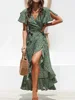 Summer Beach Maxi Dress Women Floral Print Boho Long Chiffon Dress Ruffles Wrap Casual V-Neck Split Sexy Party Dress Robe Femme 1