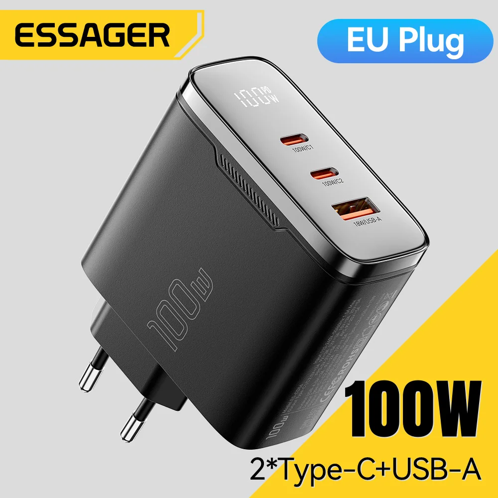 شاحن Essager 100W GaN USB Type C مع شاشة رقمية، يدعم الشحن السريع QC 4.0 و PD 3.2، مناسب لسامسونج وهواوي وآيفون 17 واللابتوب وماك بوك