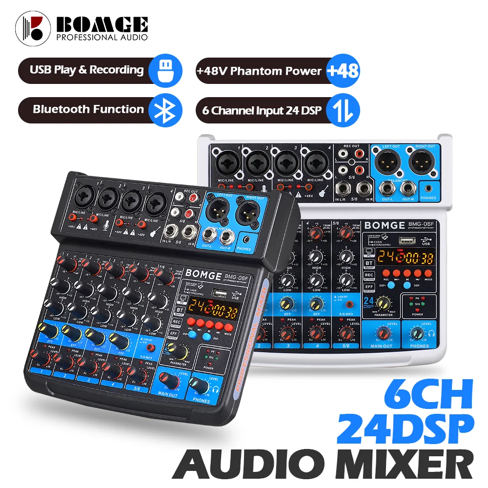 BOMGE 6 Channel Audio Mixer mini Mixing Sound Console USB audio Interface Sound Card With 16DSP 48V Phantom Power for karaoke DJ