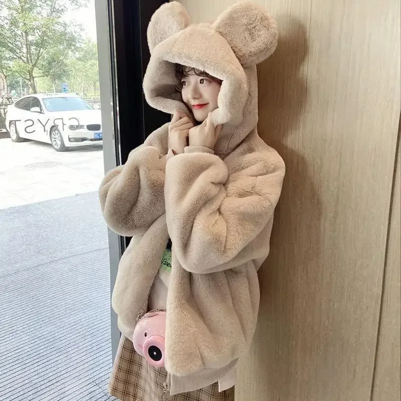 

Japanese Kawaii Women's Coat Winter Teddy Bear Jackets Fashion Loose Plus Velvet Thick Hooded Furry Women Faux Fur Jacket Brown