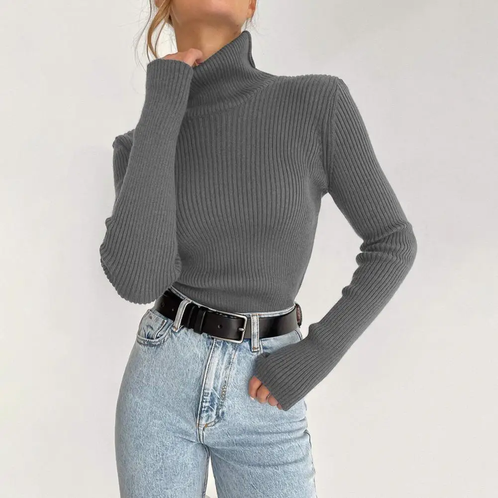 

New Women Pullover Turtleneck Sweater Autumn Long Sleeve Slim Elastic Korean Simple Basic Cheap Jumper Solid Color Top