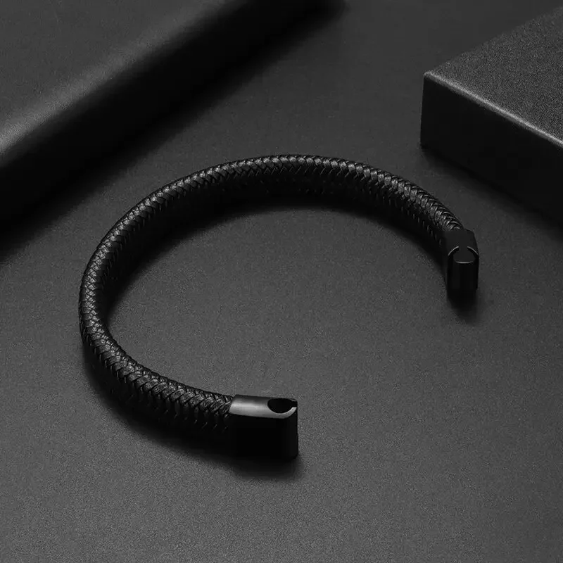 Vintage Handwoven Black Leather Bracelet with High Quality Metal Buckle Suitable for Men's Personalized Charm Wristband Jewelry 6
