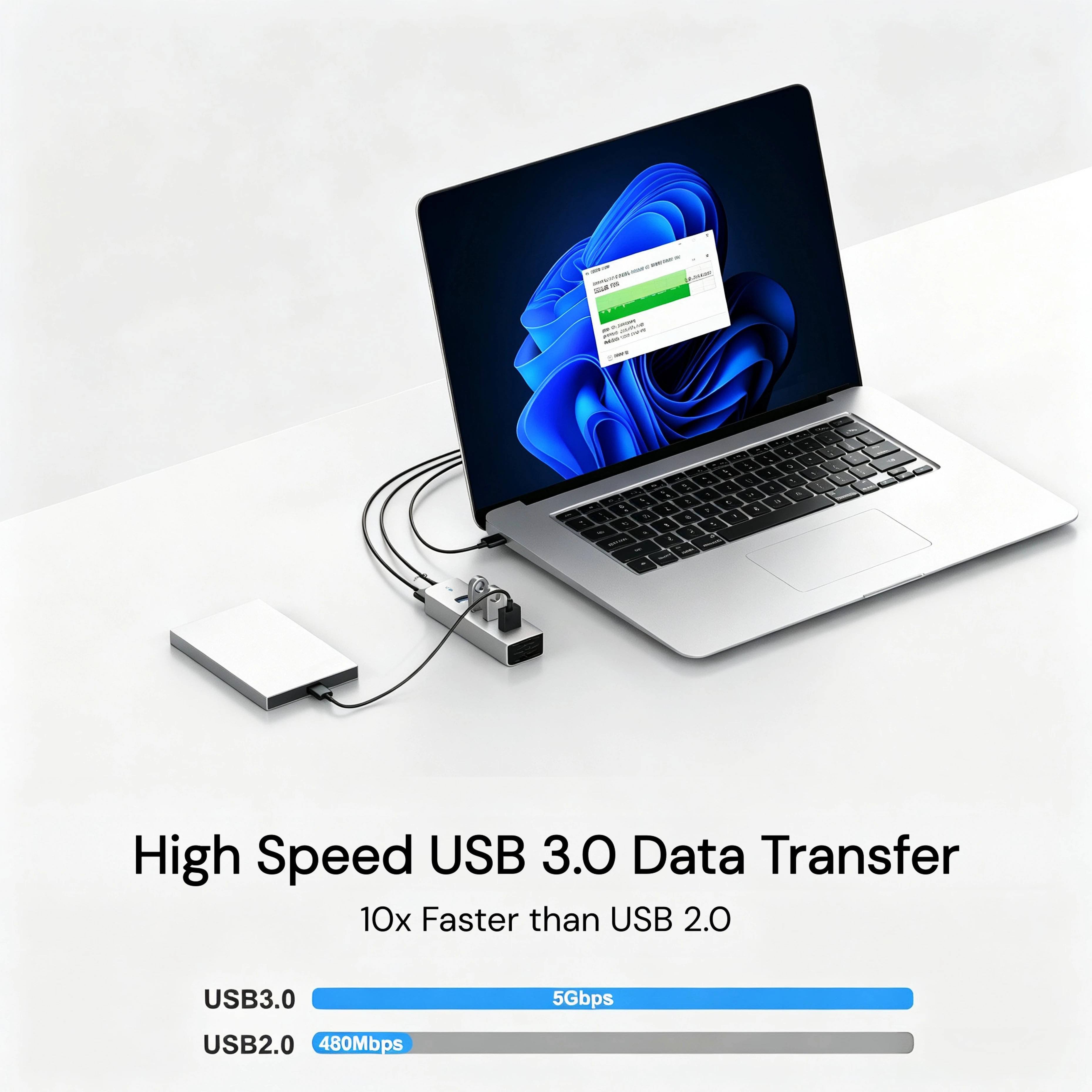 High-Speed 4-Port Aluminum USB 3.0 Hub with Long Cable