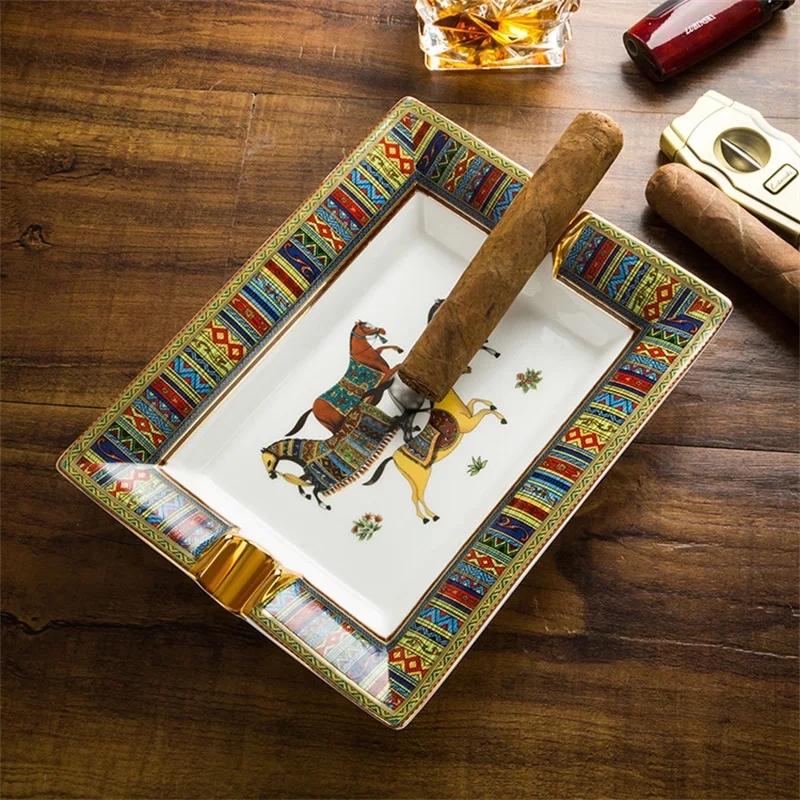Ceramic Cigar Ashtray Simple Large Home Living Room Decoration Tabacco Ash Holder Tray Green Horse Gift Box Package CA-023