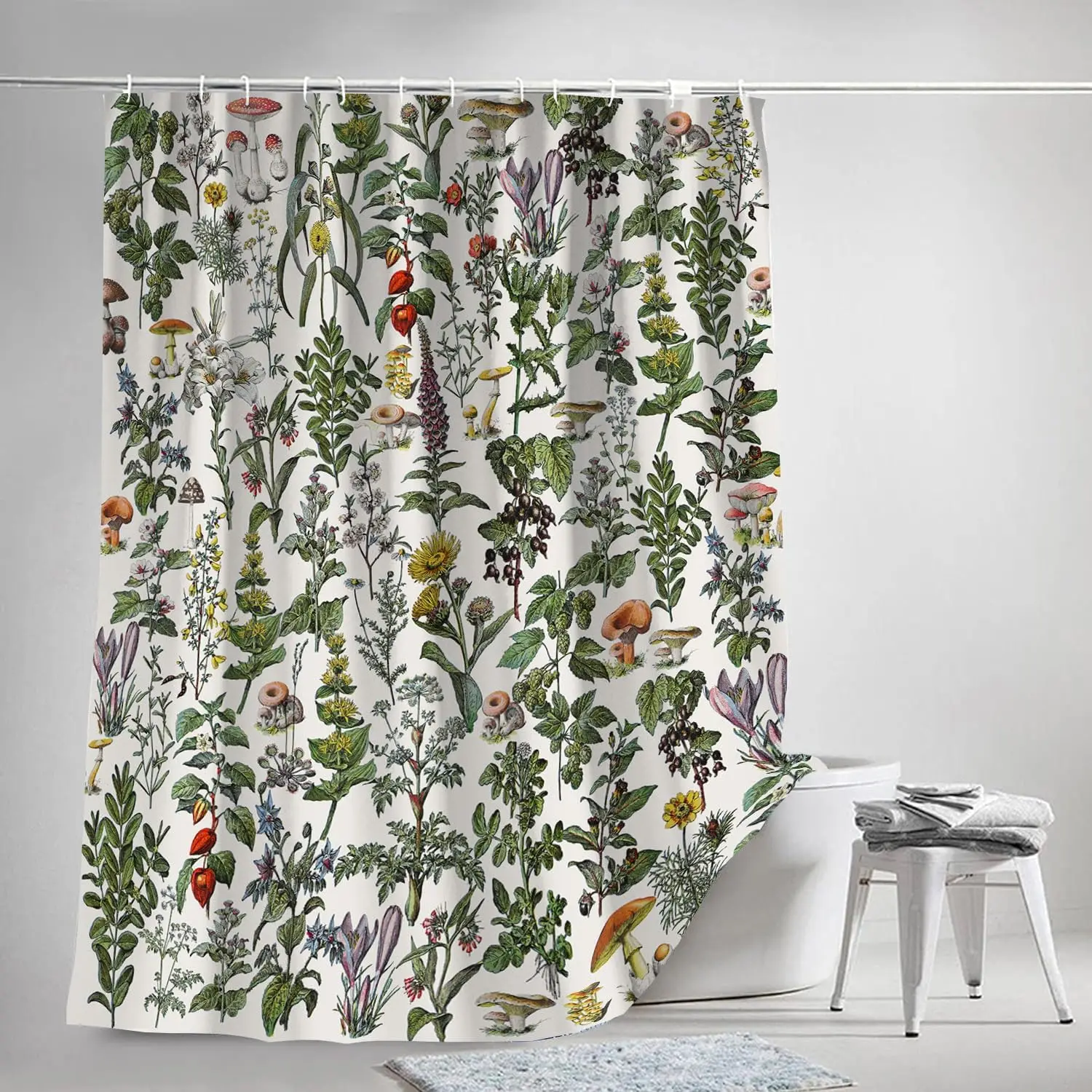 재미있는 빈티지 버섯 샤워 커튼, 보호 식물 허브 개구리 고양이 샤워 커튼, 히피 사이키델릭 독특한 커튼, 후크 포함 