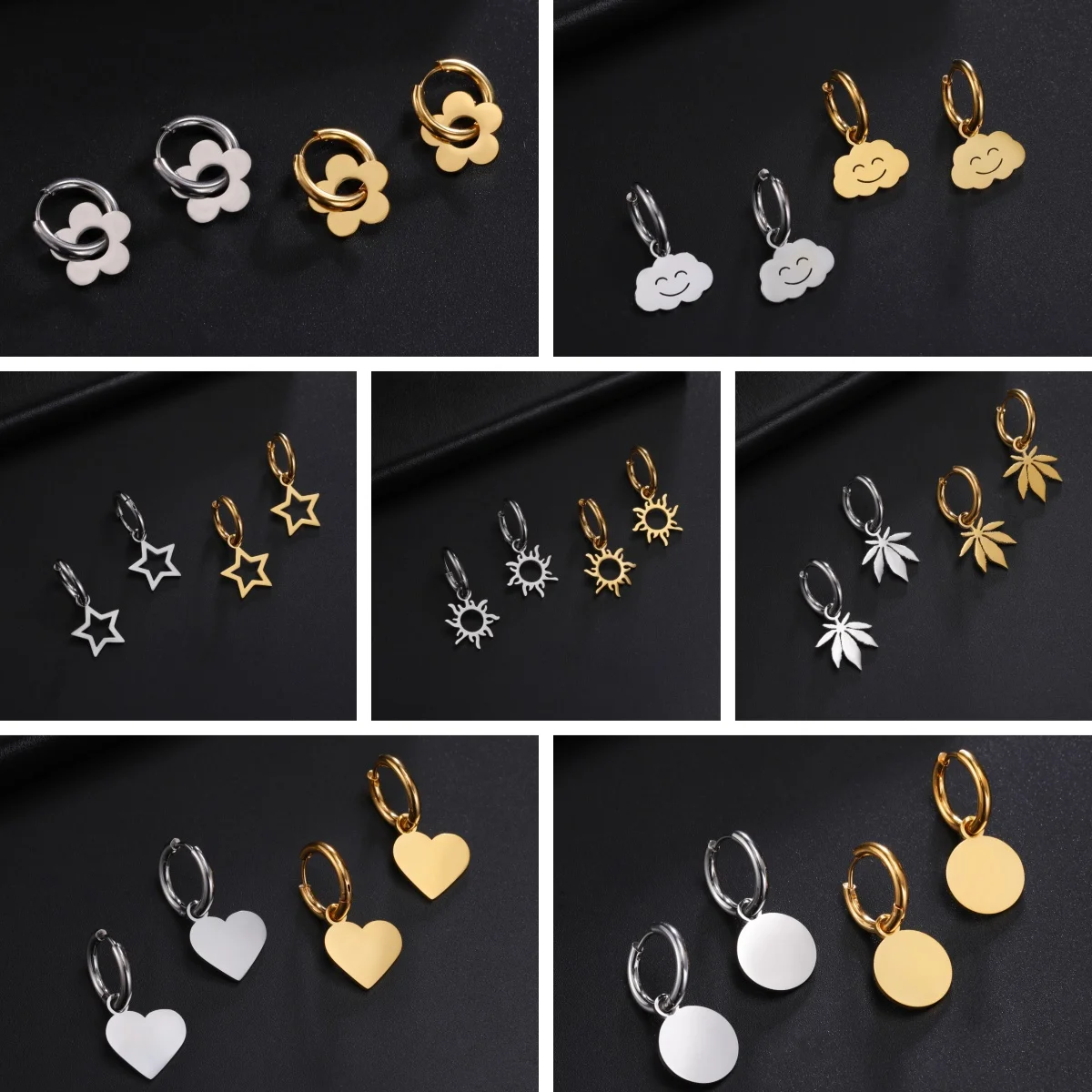 Kkjoy Damen-Creolen mit fünfblättrigem Blumen-Anhänger in Goldfarbe – Edelstahl, minimalistischer Modeschmuck, Geschenk – Detail 4
