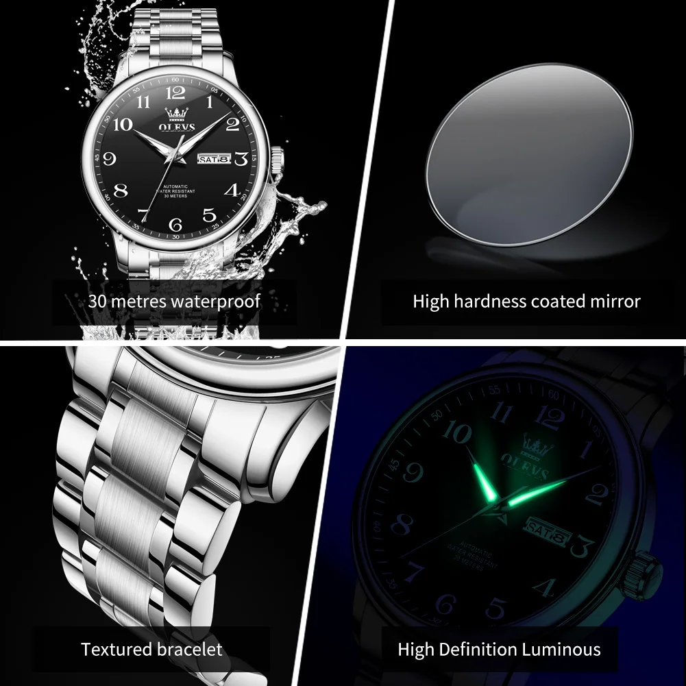 OLEVS 7072 Man Watch Classic Dual Calendar Mechanical Watch For Men Deep Waterproof Luminous Business Male Automatic Wristwatch