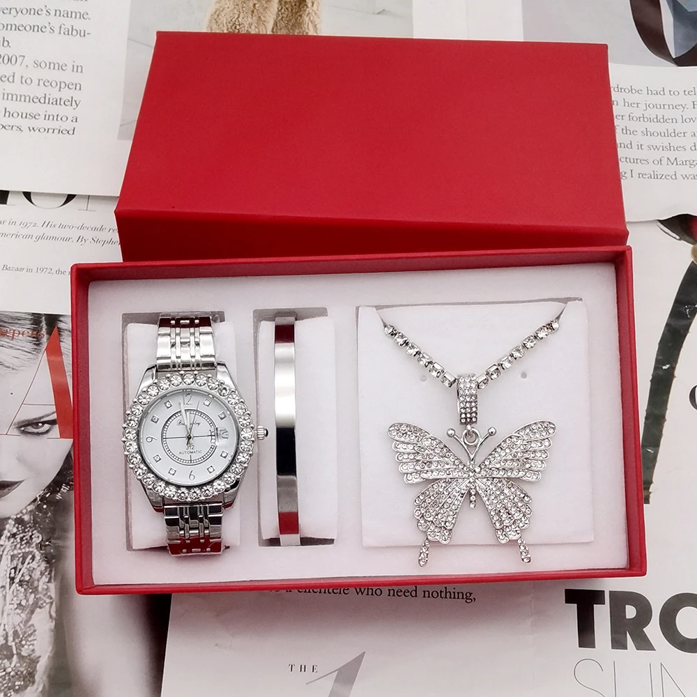 3Pcs Fashion Watch Jewelry Set Diamond Women Luxury Brand Watch Rhinestone Ladies Watches For Women relogio feminino With Box