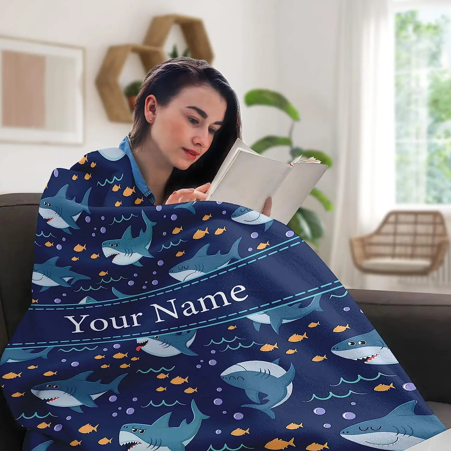 Blue Sharks Blanket, Customized Name Shark Blanket Gifts for Kids Adults, Soft Cozy Flannel Fleece Throw Blanket for 3