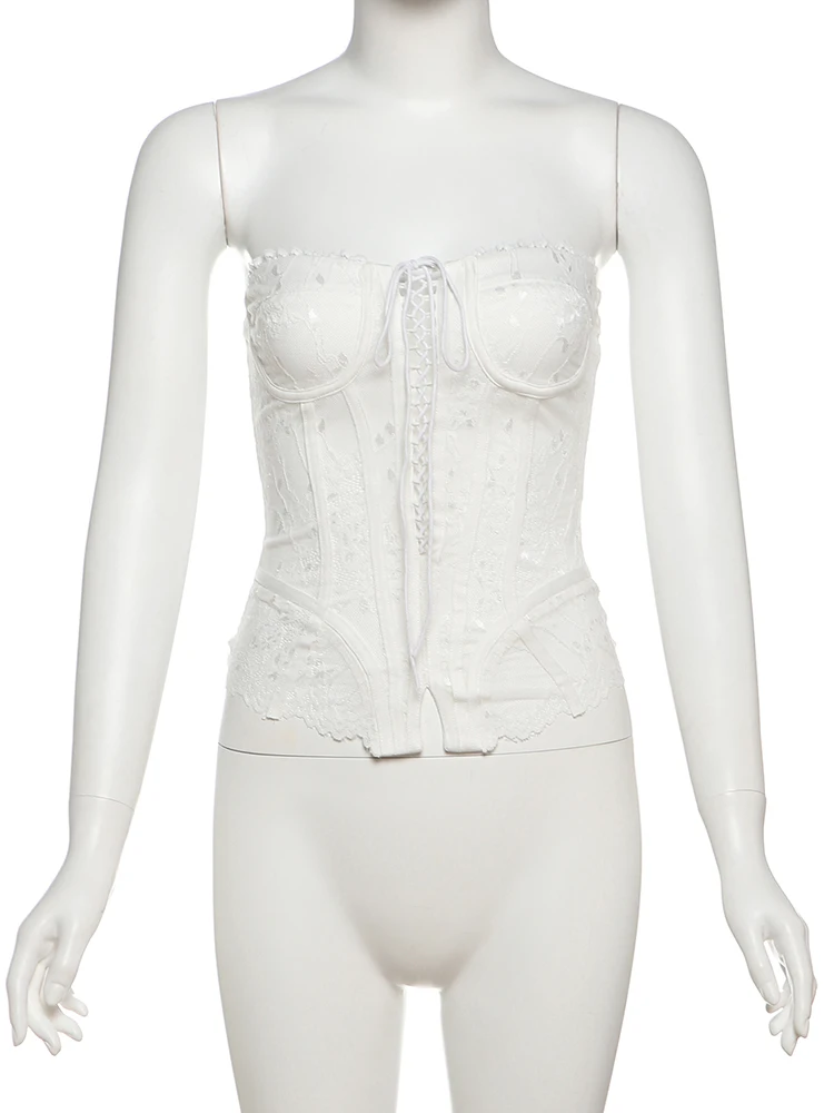 Nibber Lace-Up Fishbone Corset Tops Women Patchwork Lace Sleeveless Backless Skinny Summer Trend Wavy Hem Midnight Street Tops