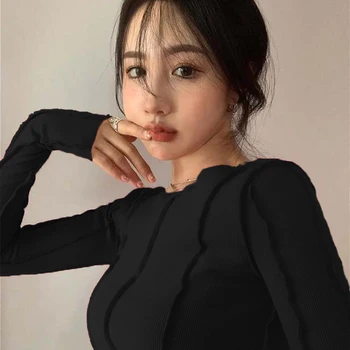 여성용 긴팔 티셔츠, 단색 O넥, 우아한 밝은 라인 장식, 슬림 캐주얼, 부드럽고 고품질, 여성 의류 티, 봄
