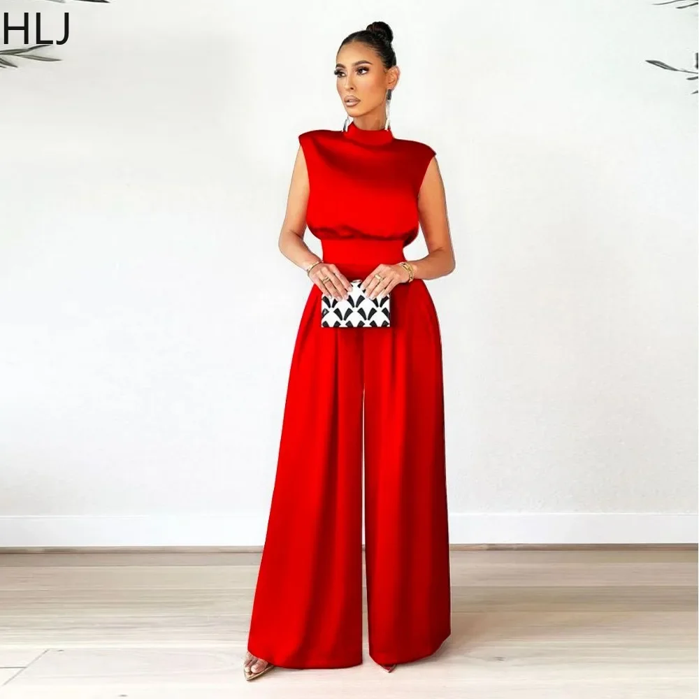 HLJ Elegant Lady Solid Color Wide Leg Pants Jumpsuits Women Round Neck Sleeveless Waist Retraction Playsuits Female OL Overalls