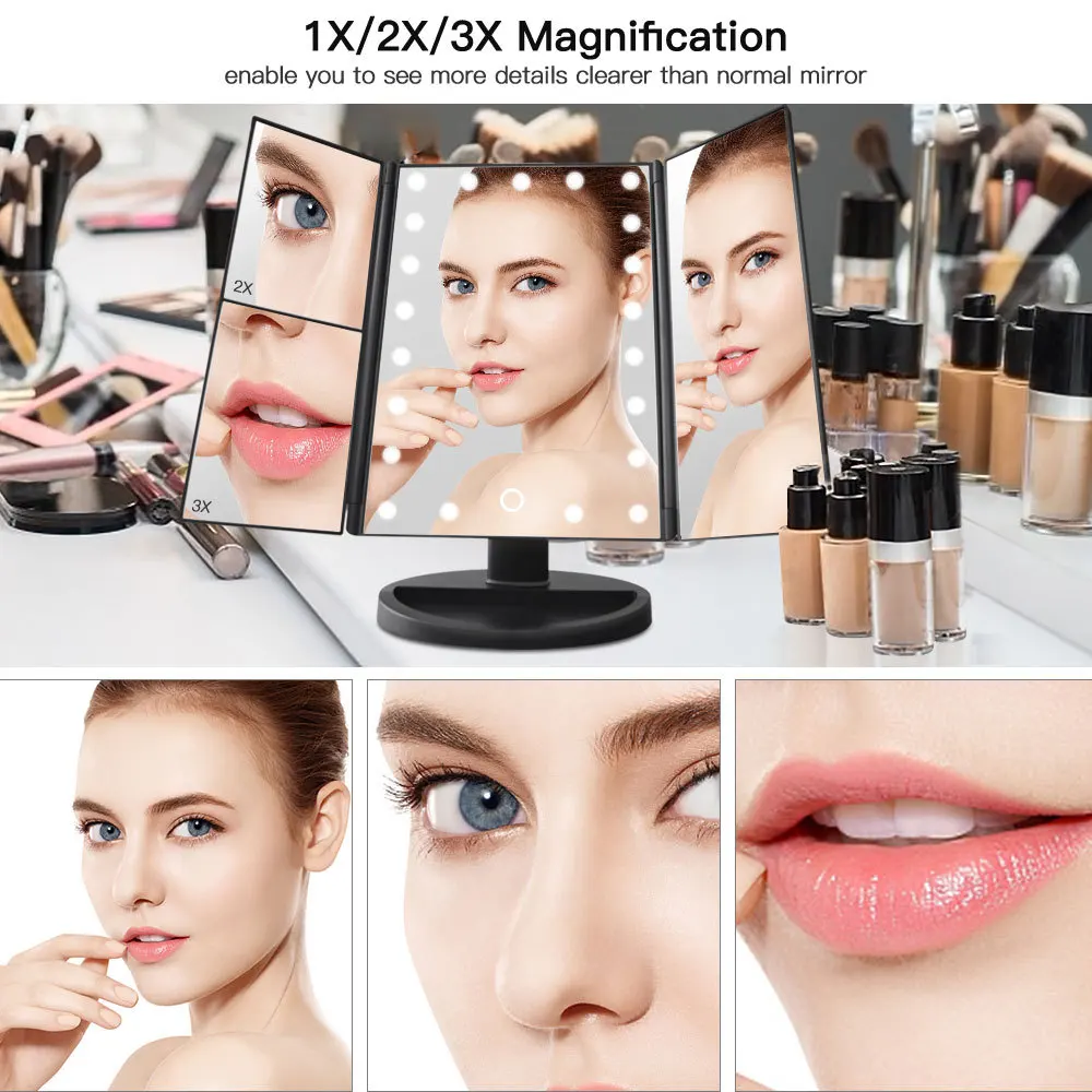 D2 Folding Beauty Mirror with LED Light Makeup Mirror with LED Touch Adjustable Light Cosmetic Illuminated Vanity
