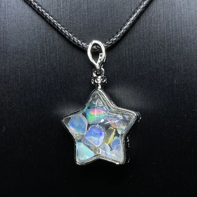 Unit One Piece Natural Opal Gemstone Crystal Chips Star Shaped Glass Wish Bottle Necklace Pendant With Leather Rope 3