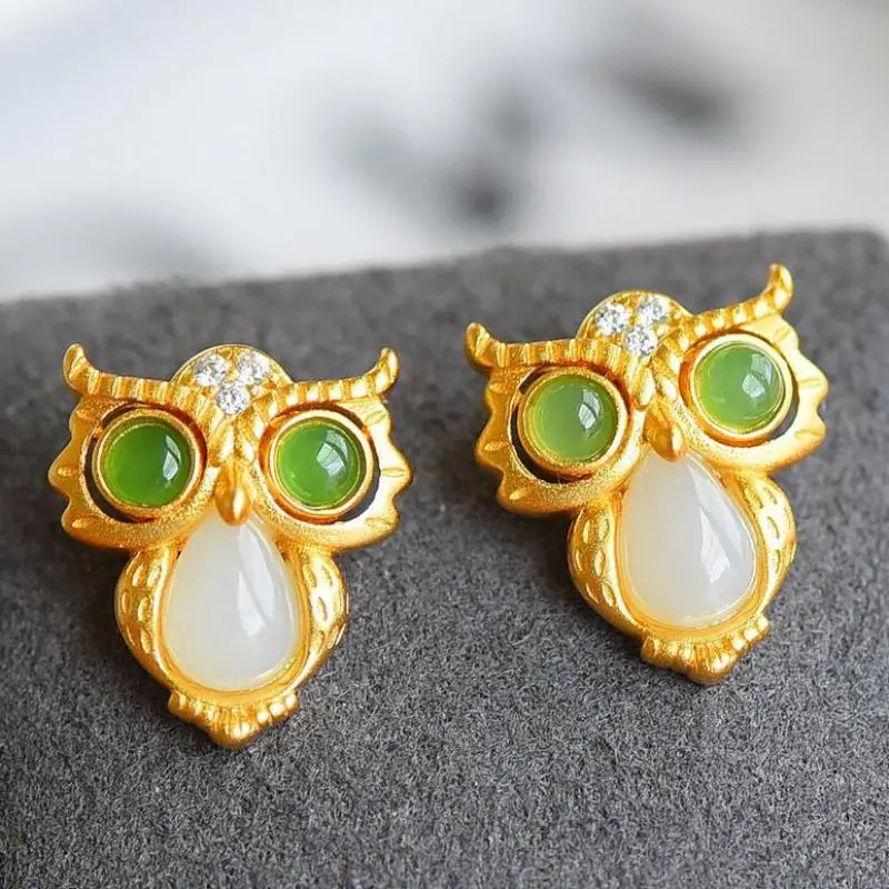 

Natural White Jade Zircon Jasper Owl Stud Earrings 925 Sterling Silver Hetian Jades Nephrite Ear Studs Earring Women Accessories