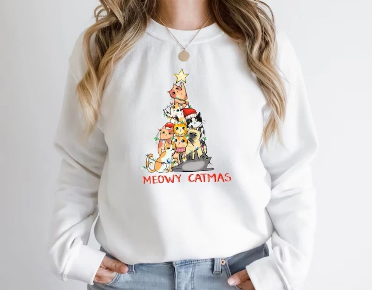 Merry Catmas Christmas Sweatshirt Meowy Trendy Christmas Cats Tree Shirt Funny Kawaii Clothes Women Winter