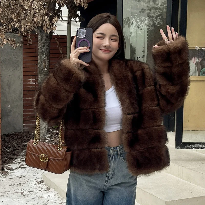fullfy faux fur short coat【brown】 Faux Mink Fur Coat for Women Short Plush Jacket Warm Furry