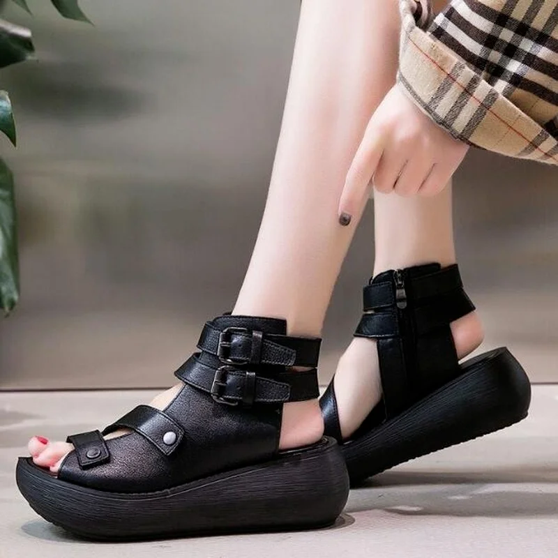 Women Summer Sandals Mid Heels Wedges Shoes Ladies Vintage Leather Plus Size 40