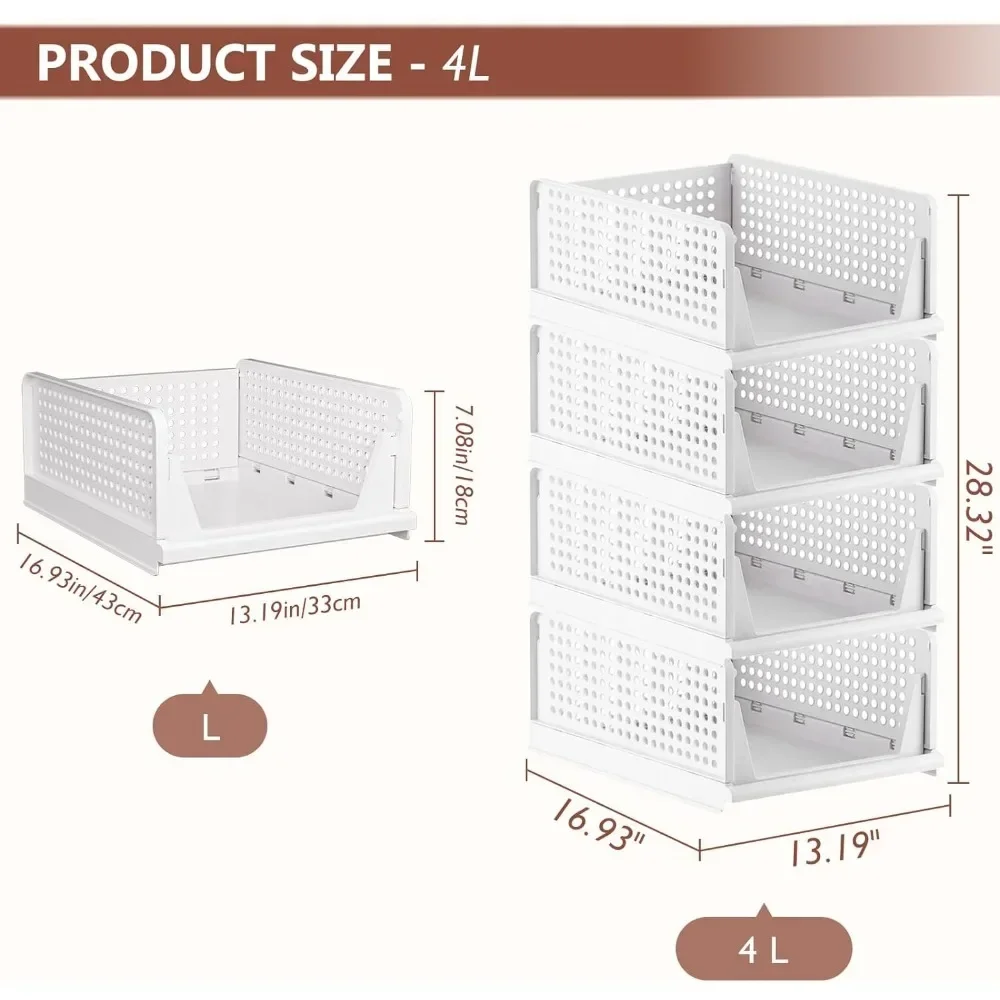 CTSNSLH 4 Pack Folding Closet Organizers Storage Box Plastic Closet Organizer,Stackable Plastic Storage Basket,Drawer Organizers for CL