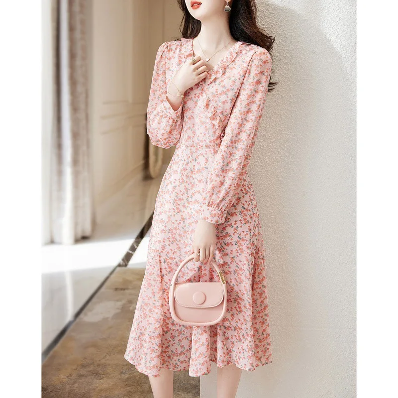 

Women Spring Chiffon Print Dress 2023 New Office Lady Fashion Elegant V-Neck Long Sleeve Ruffles Floral Dresses Vestido Feminino