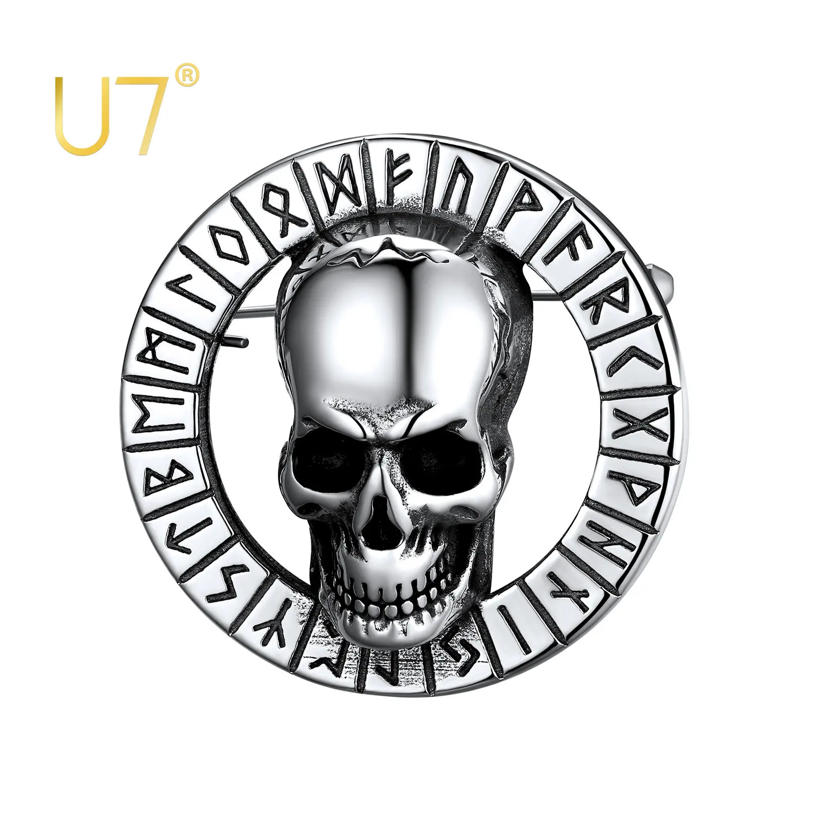 

U7 Stainless Steel Retro Brooches Vintage Medieval Viking Rune Round Cycled Skeleton Skull Brooch Pins Halloween Series
